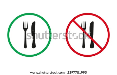 No Food Allowed, Dinner Prohibited Symbols. Knife and Fork Warning Signs. Eating In Restaurant Silhouette Icons Set. Isolated Vector Illustration.