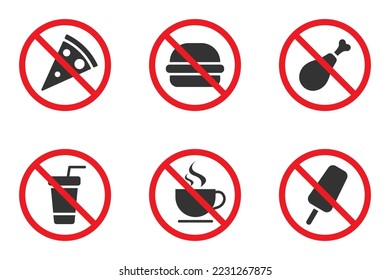 No food allowed symbols. Fast food forbidden icon set. Flat vector illustration.
