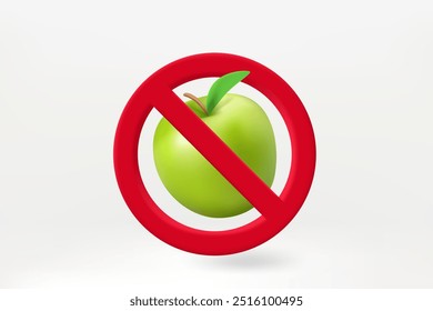 No food concept with crossed apple in the circle. 3d vector illustration