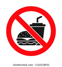 No food or drink allowed sign, eating or drinking prohibited, fast food prohibited, crossed out hamburger and soda cup, vector illustration