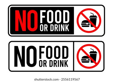 No food or drink allowed sign. No eating or drinking sign. No food or drink logo, label, badge, sticker, symbol, emblem, stamp, banner, circle, black, line, flat vector, isolated illustration.