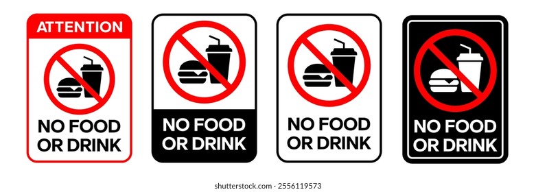 No food or drink allowed sign. No eating or drinking sign. No food or drink logo, label, badge, sticker, symbol, emblem, stamp, banner, circle, black, line, flat vector, isolated illustration.