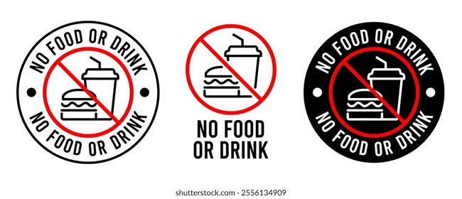 No food or drink allowed sign. No eating or drinking sign. No food or drink logo, label, badge, sticker, symbol, emblem, stamp, banner, circle, black, line, flat vector, isolated illustration.