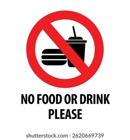 No food or drink allowed sign. No eating or drinking sign. No food or drink logo, label, badge, sticker, symbol, emblem, stamp, banner, circle, black, line, flat vector, isolated illustration