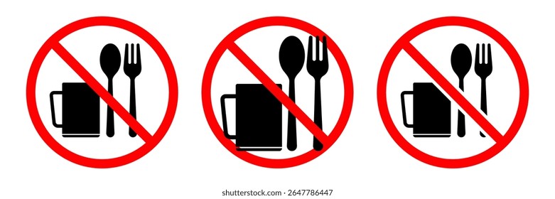 No food or drink allowed sign. No eating or drinking sign. No food or drink logo, label, badge, sticker, symbol, emblem, stamp, banner, circle, black, line, flat vector, isolated illustration.