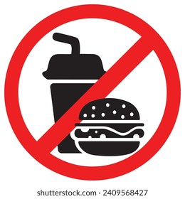 No food and drink allowed symbol, isolated on white background. Prohibition sign. Icon, sign, logo and symbol. Vector illustration. Caution sign.