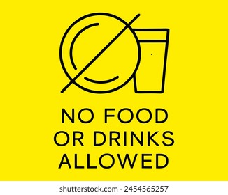 No food and drink allowed symbol, isolated on yellow background. Prohibition sign. This sign of food and drink no allowed to bring from outside.