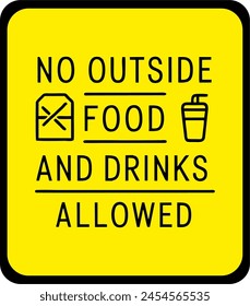 No food and drink allowed symbol, isolated on yellow background. Prohibition sign. This sign of food and drink no allowed to bring from outside.