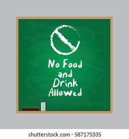 no food and drink allowed symbol written with a chalk style on green background. vector illustration
