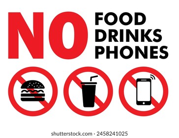 no food drink and no cell phone sign area prohibition and forbidden