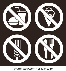 No food and drink, No ice cream, Gluten free and No eating allowed. Prohibited signs on dark background 