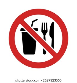 No Food or Drink Icon – Black Silhouette Vector with Crossed-Out Cup and Cutlery on White Background