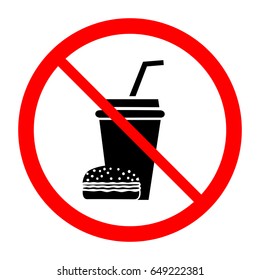 No food and drink icon. Silhouette hamburger and cup in red circle. Icon no meal on white background. Label no eating. Symbol forbidden fast food for poster. Mark warning. Flat vector illustration