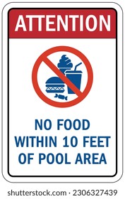 No food or drink in pool area warning sign and labels