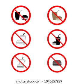 No food and drink set. Silhouette hamburger in red circle. Sign no meal on white background. Label no eating. Symbol forbidden fast food for poster,banner. Mark warning. Flat vector illustration