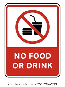 No food and drink sign. The rectangular sign with a red background and white top shows a crossed out food and drink symbol and a warning text below it. prohibition sign. vector illustration