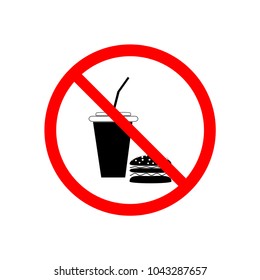 No food and drink sign. Silhouette hamburger in red circle. Sign no meal on white background. Label no eating. Symbol forbidden fast food for poster,banner. Mark warning. Flat vector illustration