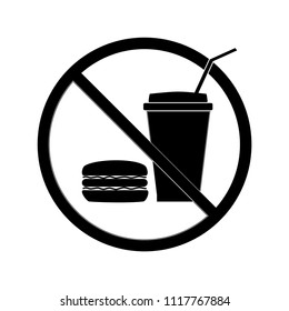 No food and drink sign. Silhouette hamburger in black circle. Sign no meal on white background. Label no eating. Symbol forbidden fast food for poster, banner. Mark warning. Flat vector illustration
