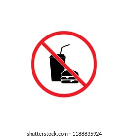 No food and drink sign. Silhouette hamburger in red circle. Sign no meal on white background. Label no eating. Symbol forbidden fast food for poster,banner. Mark warning. Flat vector illustration