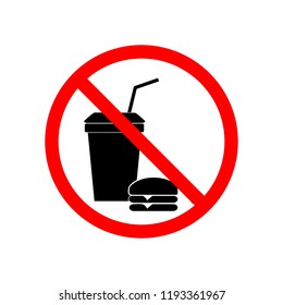 No food and drink sign. Silhouette hamburger in red circle. Sign no meal on white background. Label no eating. Symbol forbidden fast food for poster,banner. Mark warning. Flat vector illustration