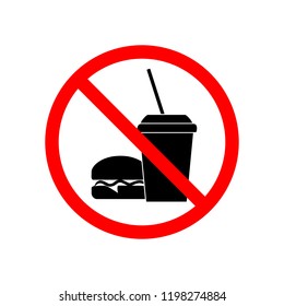 No food and drink sign. Silhouette hamburger in red circle. 