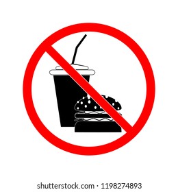 No food and drink sign. Silhouette hamburger in red circle. 