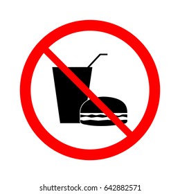 No food and drink sign. Silhouette hamburger and cup in red circle. Icon no meal on white background. Label no eating. Symbol forbidden fast food for poster. Mark warning. Flat vector illustration