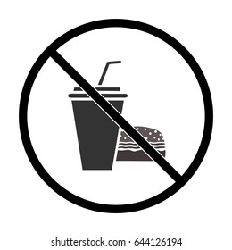 No food and drink sign. Silhouette hamburger and cup in red circle. Icon no meal on white background.  Flat vector illustration
