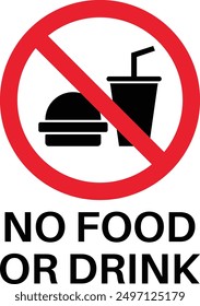 No food or drink sign with text . No food or drink allowed sign . Food and drink prohibition icon vector