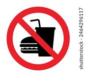 NO FOOD OR DRINKS ALLOWED sign. Editable isolated EPS 10 vector graphic. Ideal for poster, wall art, postcard, apparel print.