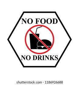 No food or drinks sign. Silhouette hamburger and cup in red circle. Sign no meal on white background. Label no eating. Symbol forbidden fast food for poster, banner, etc. Flat vector illustration