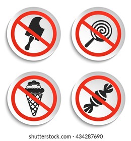 No food and Ice Cream Prohibition Signs on White Round Plate. No Ice Cream Vector Illustration isolated on white background