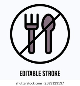 No Food Icon, Do Not Eat, Forbidden Eat, Prohibition Sign, Fasting, No Cutlery Isolated Vector Icon. 