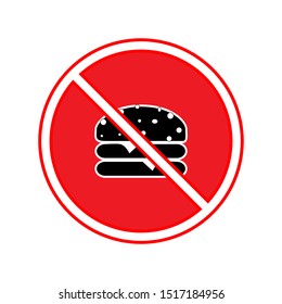 No food sign. Silhouette hamburger in red circle. Sign no meal on white background. Label no eating. Symbol forbidden fast food for poster,banner. Mark warning. Flat vector illustration.