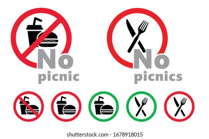 No food sign. Stop, no picnic, no eating or drinks icon. Caution inedible not for human consumption. Do not eat logo. Vector allowed pictogram. No Ban, beverage. Forbidden junk fast food symbol.