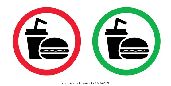No food sign. Stop, no picnic, no eating or drinks icon. Caution inedible not for human consumption. Do not eat logo. Vector allowed pictogram. No Ban, beverage. Forbidden junk fast food symbol.