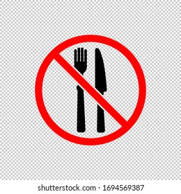 No food or stop eating icon in black and red. Fork and knife. Forbidden symbol simple on isolated background. EPS 10 vector.