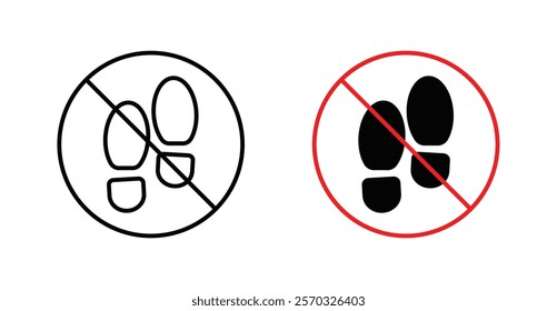 No foot print sign vectors set in black. line and flat versions