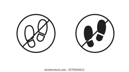 No foot print sign vectors set in black. line and flat versions