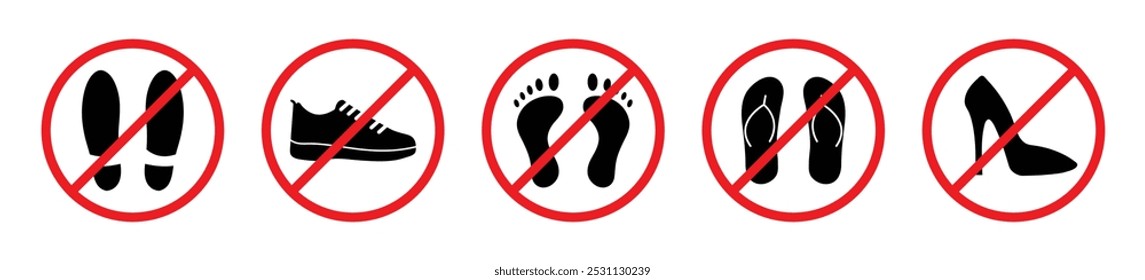 No foot slipper and shoes sign symbol. Sandal ban black silhouette icon set in red cross circle. Shoes ban sign. Do not walk in this area sign. No step here forbidden sign. Prohibited casual shoes.