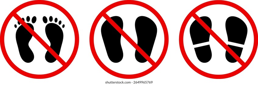 nenhum ícone de superfície definido. Sem ícones de área de passeio. Restrição de círculo vermelho. sinal proibido. footstep impressões passos símbolo
