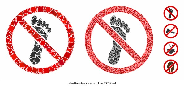 No footprint mosaic of raggy items in different sizes and color tints, based on no footprint icon. Vector unequal items are organized into composition. No footprint icons collage with dotted pattern.