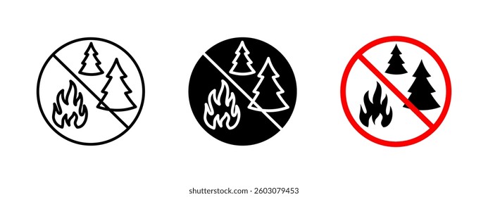 No forest fire icon. Prohibited open flames in wooded areas. Warning sign for wildfire prevention and environmental safety. Fire hazard restriction in nature reserves and protected zones.