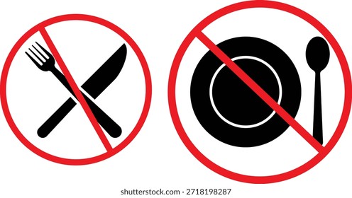 kein Gabel-, Messer-, Teller- und Löffelsymbol. Essverbotszeichen. Kein Essen Grafikdesign. Besteck Verbotene und eingeschränkte Zeichen
