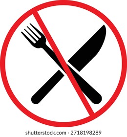 sem ícone de garfo, faca, placa e colher. Símbolos de proibição de jantar. Sem comer design gráfico. Cutelaria sinais proibidos e restritos
