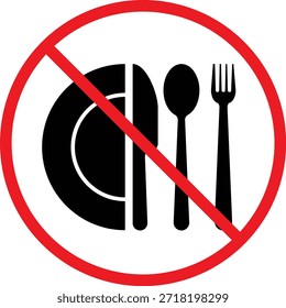 sem ícone de garfo, faca, placa e colher. Símbolos de proibição de jantar. Sem comer design gráfico. Cutelaria sinais proibidos e restritos
