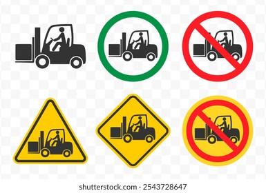 No Fork truck or forklift icon symbol. Forklift truck not allowed logo sign. Prohibition, prohibited, forbidden. Vector illustration. Isolated on white background.