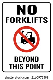 No forklifts beyond this point sign. Symbols safety for shipping declarations, traffic, transport, personnel, and businesses. 
