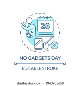 No hay ningún icono de concepto del día de los gadgets. Ideas divertidas familiares. No usar smartphones o laptops durante todo el día. Ilustración de línea delgada de la idea de comunicación. Dibujo de color RGB con contorno aislado del vector. Trazo editable