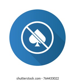 No gambling prohibition flat design long shadow glyph icon. Forbidden sign with spade card suit. Vector silhouette illustration